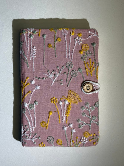 A6 Embroidered Notebook - Flowers on Pink Canvas