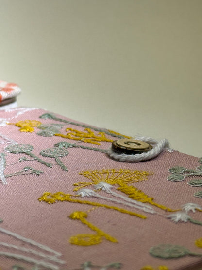 A6 Embroidered Notebook - Flowers on Pink Canvas